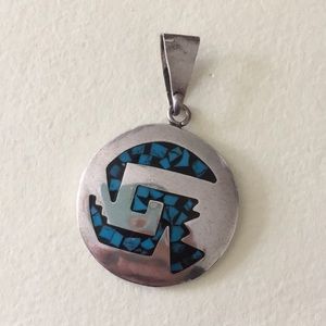 Mexico Sterling silver Aztec turquoise black inlay